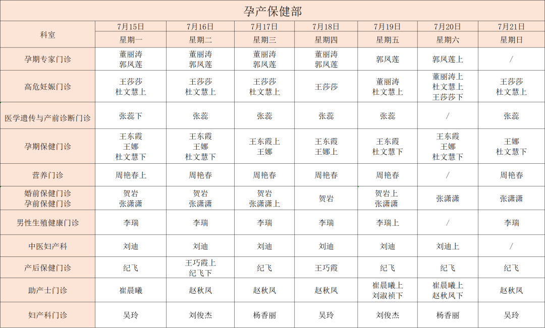 【溫馨告知】周口市婦幼保健院健康服務(wù)集團(tuán)2024年7月15日-2024年7月21日門診坐診信息